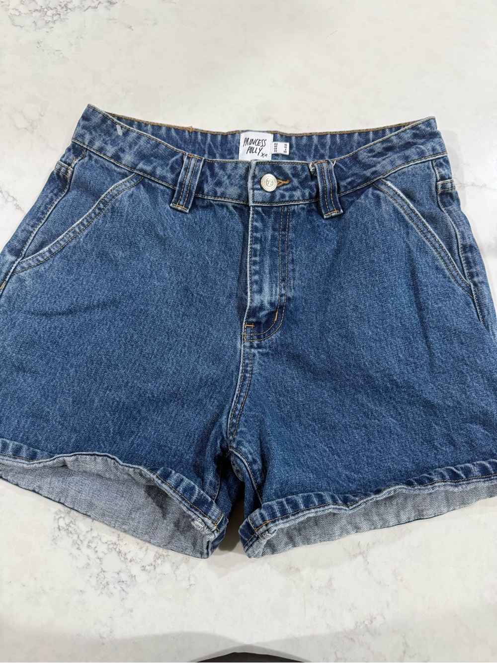 Princess Polly Lou Carpenter denim shorts, medium wash. Woman’s size 6, EUC